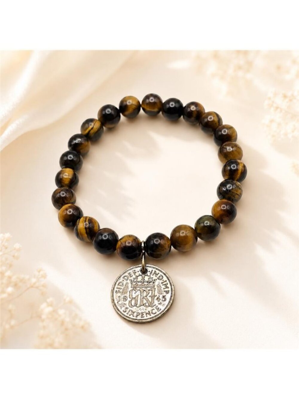Natural Tiger’s Eye Bead Stretch Bracelet 1945 British Sixpence Coin Charm